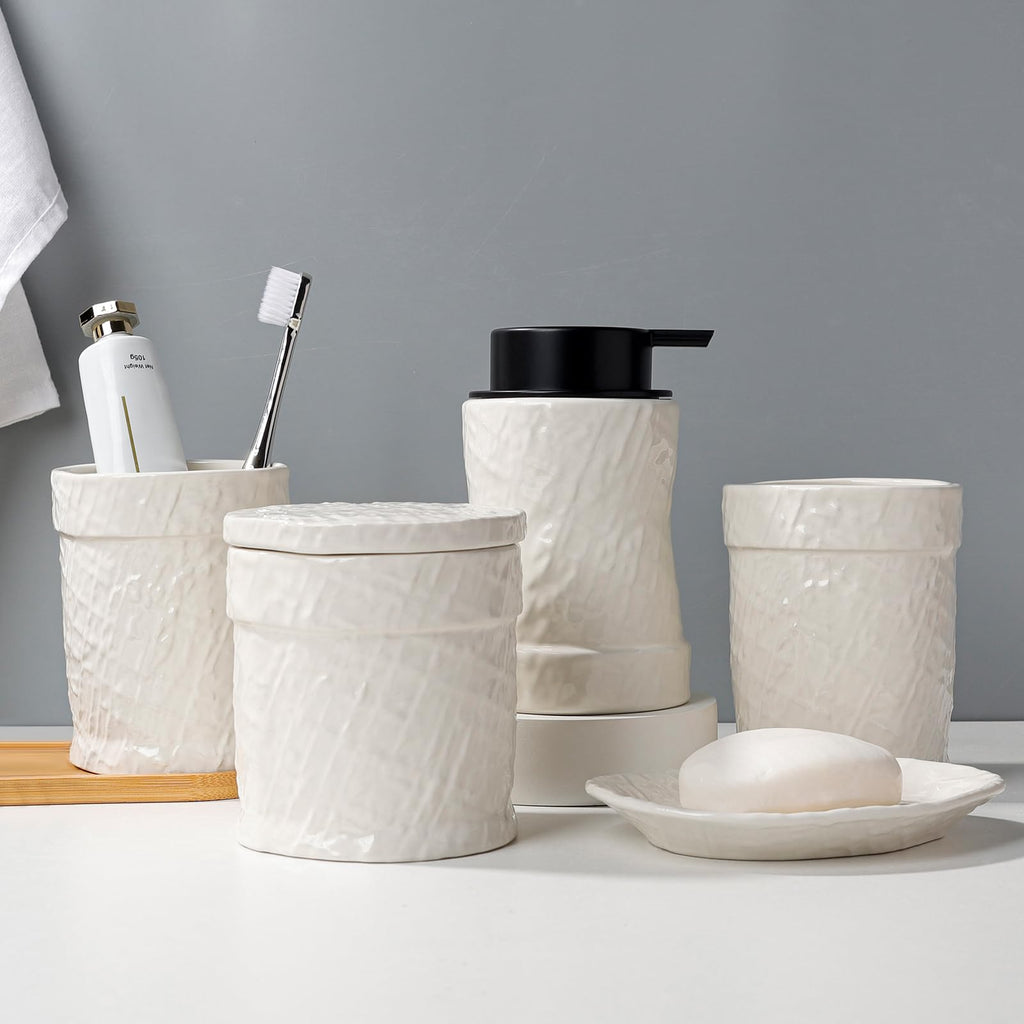 White Bathroom Accessory Set 5PCS, Ceramic Bathroom Accessories Set, Minimalist Textured Design Liquid Soap Dispenser Set Complete, Home Bathroom Decor Vanity Countertop, ANTIS'S HOME