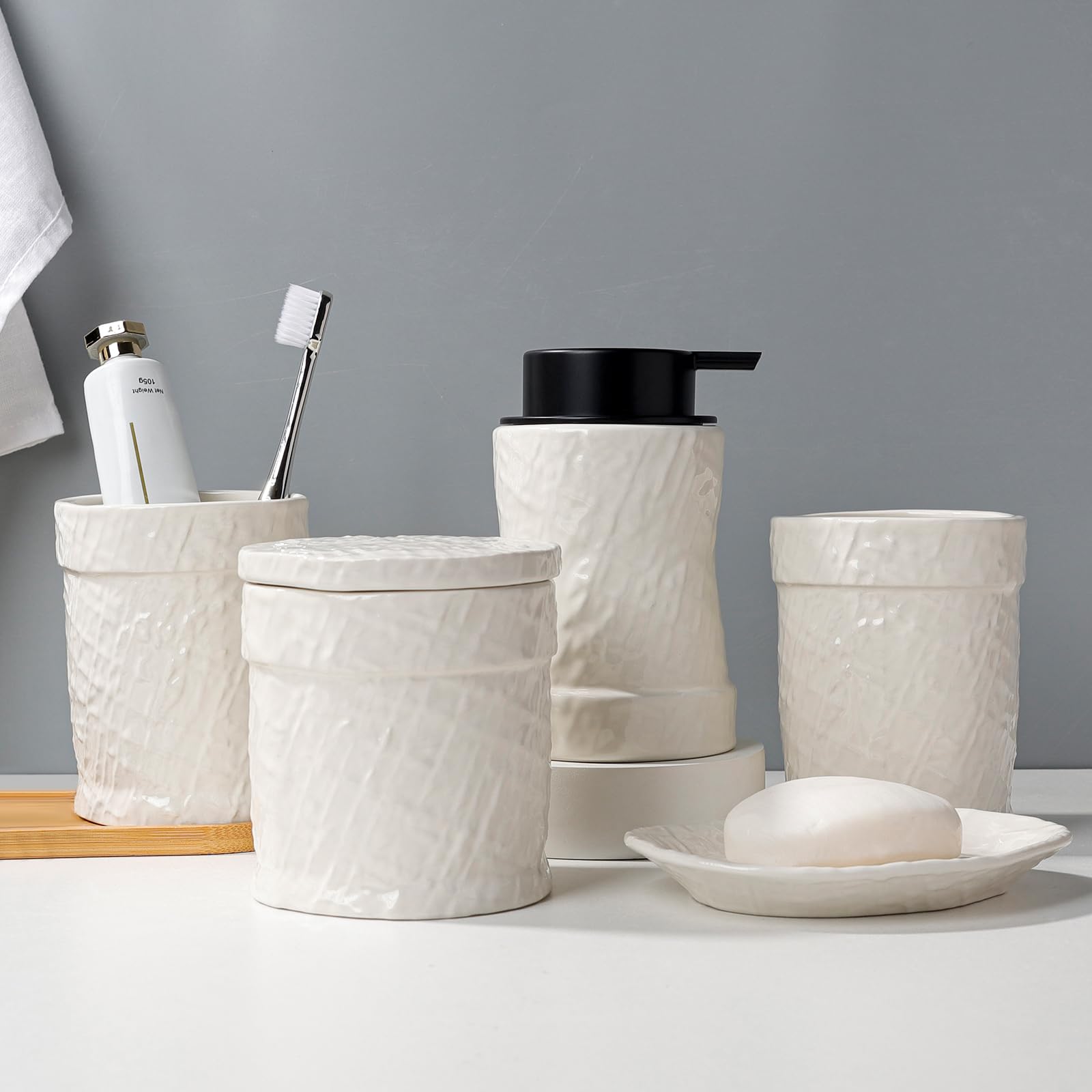 White Bathroom Accessory Set 5PCS, Ceramic Bathroom Accessories Set, Minimalist Textured Design Liquid Soap Dispenser Set Complete, Home Bathroom Decor Vanity Countertop, ANTIS'S HOME