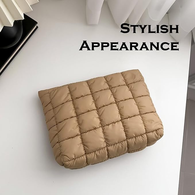 HFLZBRO Puffy Quilted Makeup Bag for Women, Cosmetic Bag, Travel Toiletry Organizer Pouch Clutch (brown)