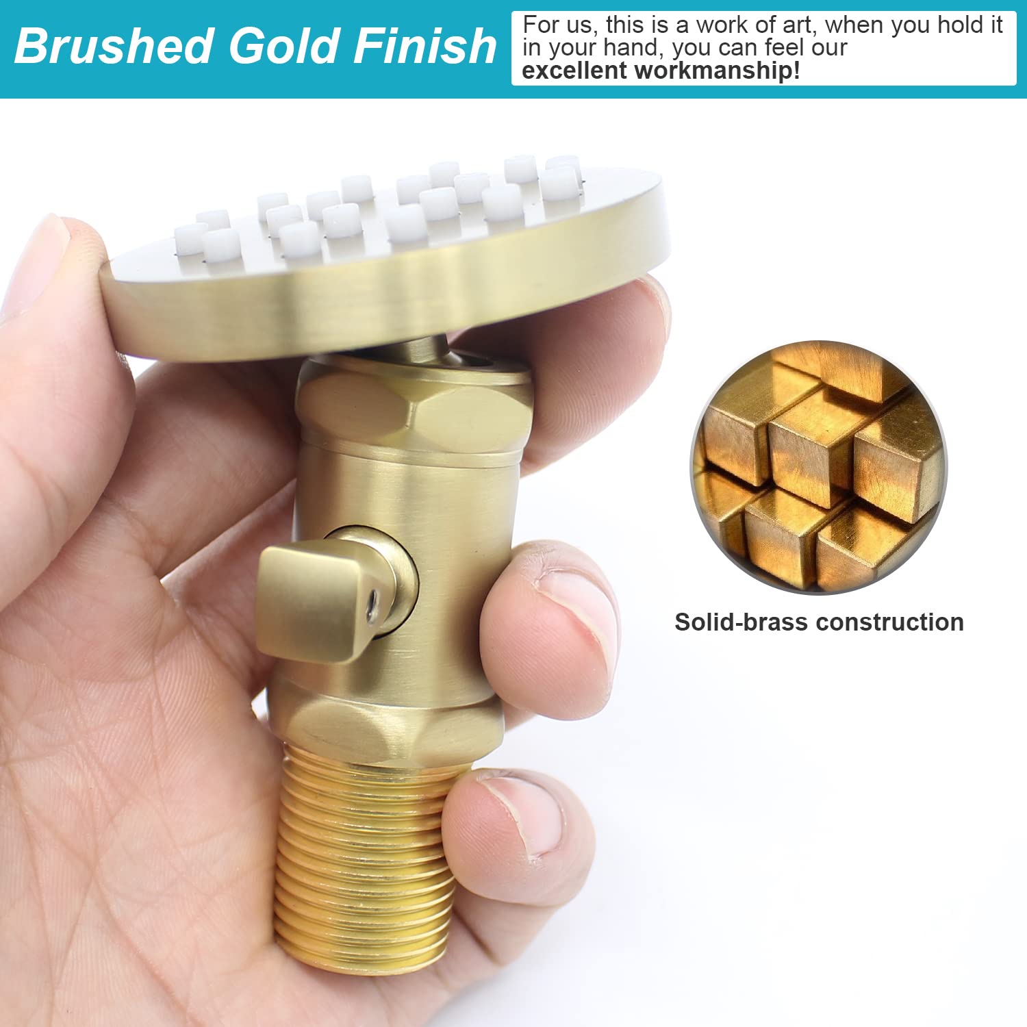 (Upgrade) Solid Brass Shower Jets with On Off Switch Brushed Gold Round Shower Body Sprays Massage Wall Jets Rotating Showerhead Body Sprayers Adjustable, NPT 1/2”