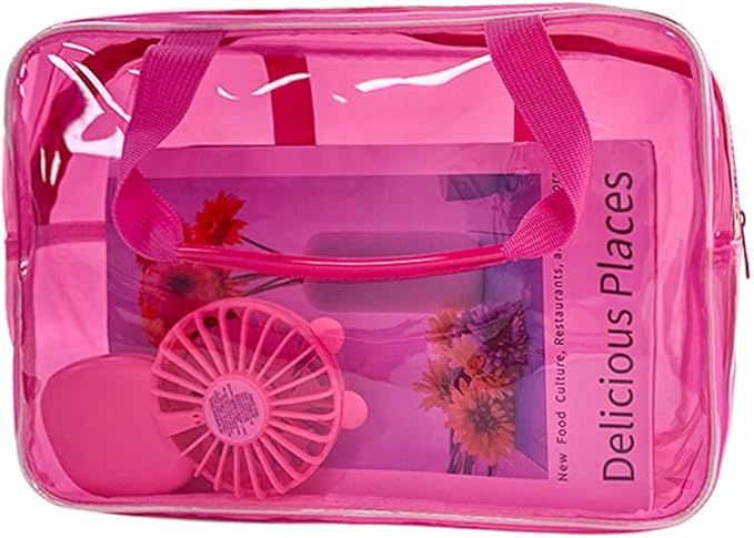 TotePrint Pink PVC Pure Color Transparent Gift Pouch Wash Travel Makeup Cosmetic Bag with Handle for Travel Bathroom Toiletry Organizer (Pink)