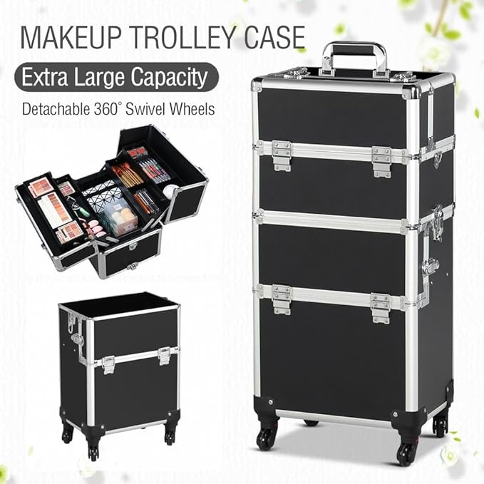 Yaheetech Rolling Makeup Train Case, Cosmetology Nail Organizer, Black
