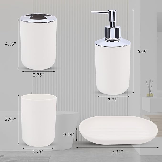 LGURT Matte White Bathroom Accessories Set, 4-Piece Plastic Bathroom Vanity Set with Soap Dispenser, Toothbrush Holder, Rinse Cup & Soap Dish, White Bathroom Counter Organizer