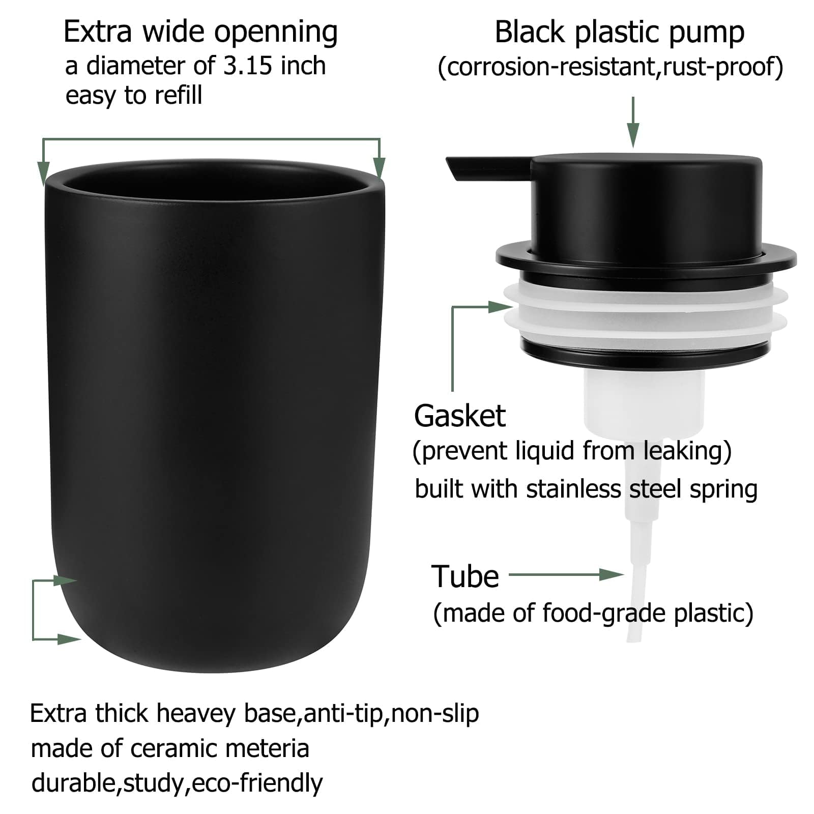 Foaming Soap Dispenser, Thick Ceramic Pump Bottles, Black