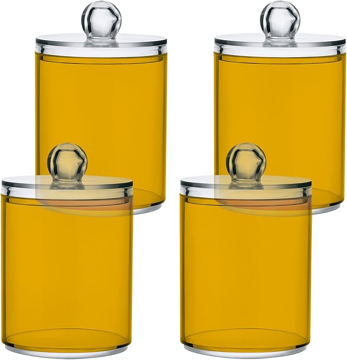 Mustard Yellow Qtip Holder Organizer Dispenser Cotton Swabs Cans Plastic Jars with Lid Set 2 Pack Bathroom Storage Canister for Cotton Ball Floss Cotton Pads