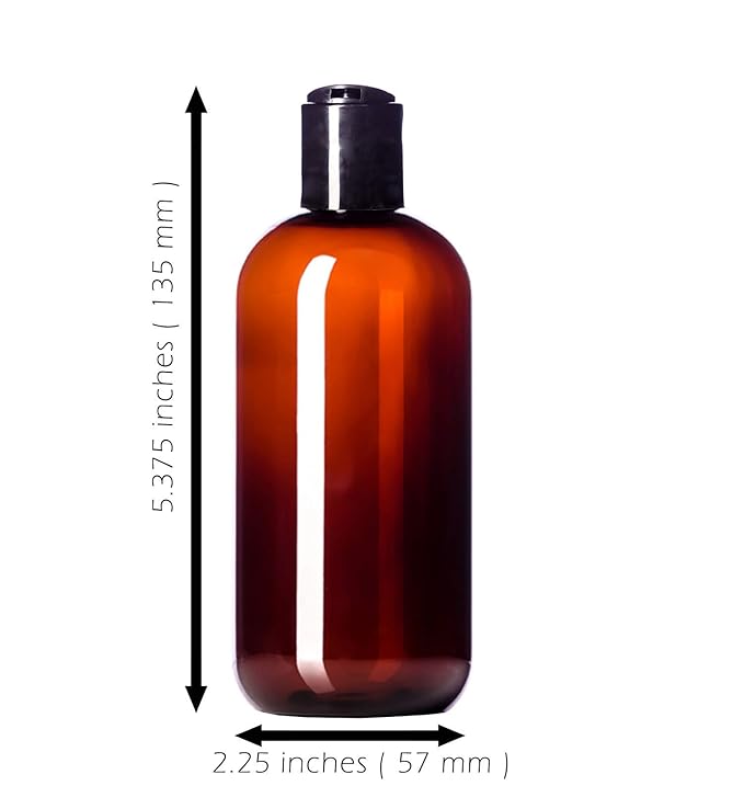 Aromine 8oz Plastic Amber Bottles (6 Pack) BPA-Free Squeeze Containers with Disc Cap, Labels Included