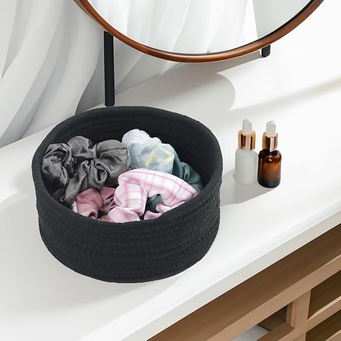 Small Basket, Set of 3 Woven Baskets, Cotton Rope Small Baskets for Organizing, Cute Mini Tiny Storage Basket for Gifts, Decorative Boho Round Bathroom Organization Bin (Black)