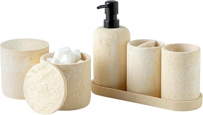 WUUAHOME Bathroom Accessories Set, Travertine Stone-Look, 6 PCS, Yellow