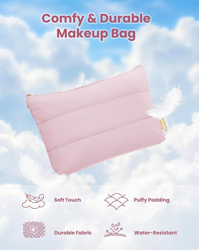 Wandering Nature Small Makeup Bag 2 Pack Cosmetic Bag for Purse, Puffer Quilted Makeup Pouch, Cute Travel Pouch with Zipper for Women, Baby Pink