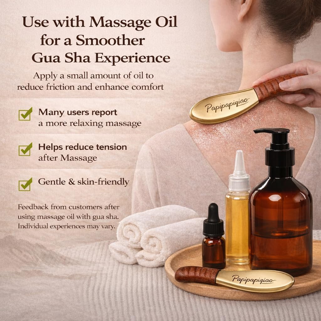 Papipapiqiao Copper Brass Gua Sha Muscle Scraper Tool with Wooden Handle – H62 Brass IASTM Soft Tissue Massage Tool for Fascia Release & Scar Tissue Relief – Deep Tissue Scraping Tool for Back & Body