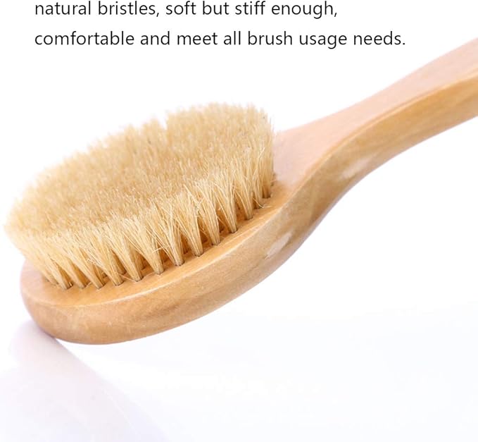 HiKin Dry Bath Body Brush 12.6", Long Handle Natural Bristles Shower Brush Back Scrubber with Anti-Slip Wooden Handle, Good for Exfoliating, Blood Circulation, Detox and Cellulite, etc.