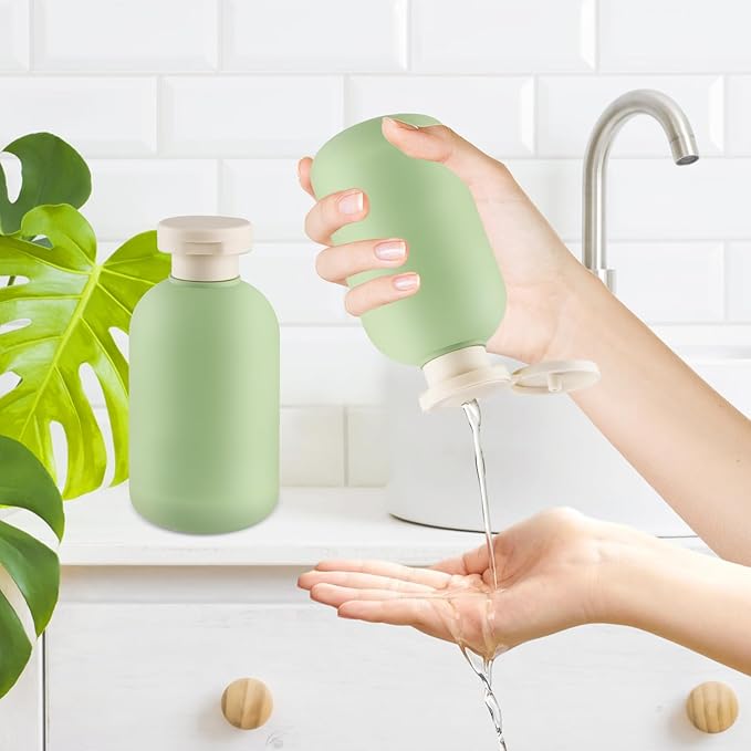 DMuuuDM 9 Pcs 6.8 oz Plastic Squeeze Bottles with Flip Cap,Empty Refillable Travel Shampoo Bottle Containers for Creams, Lotion,Body Wash, Conditioner,Silicone Funnel Included-Green