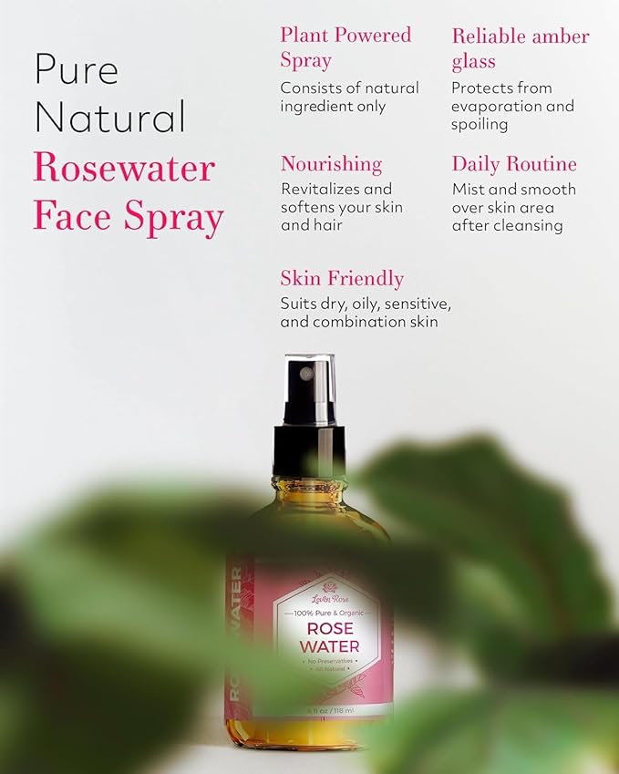 Leven Rose Pure Rose Water Spray for Face, Hair & Body - Hydrating Rosewater Toner & Facial Mist, Natural Moroccan Rosa Damascena, 4 oz