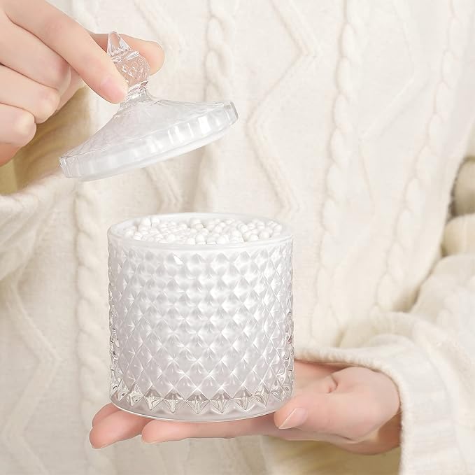 2 Pack Qtip Holder Apothecary Jars with Lid, Thick Glass, White