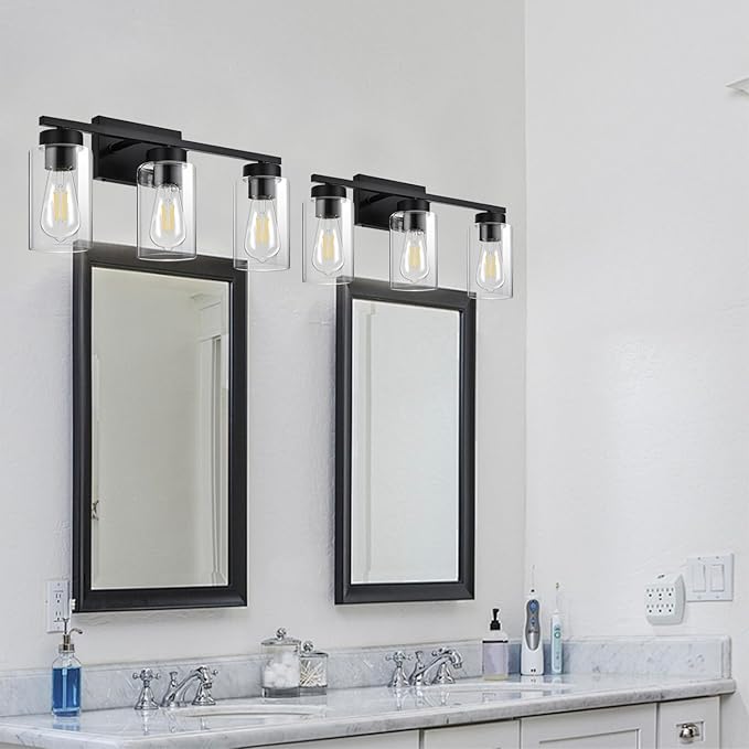 A1A9 3-Light Bathroom Vanity Light, Modern Black Wall Lights with Clear Glass Shades, Bathroom Wall Sconce Lamp for Mirror Living Room Bedroom Hallway