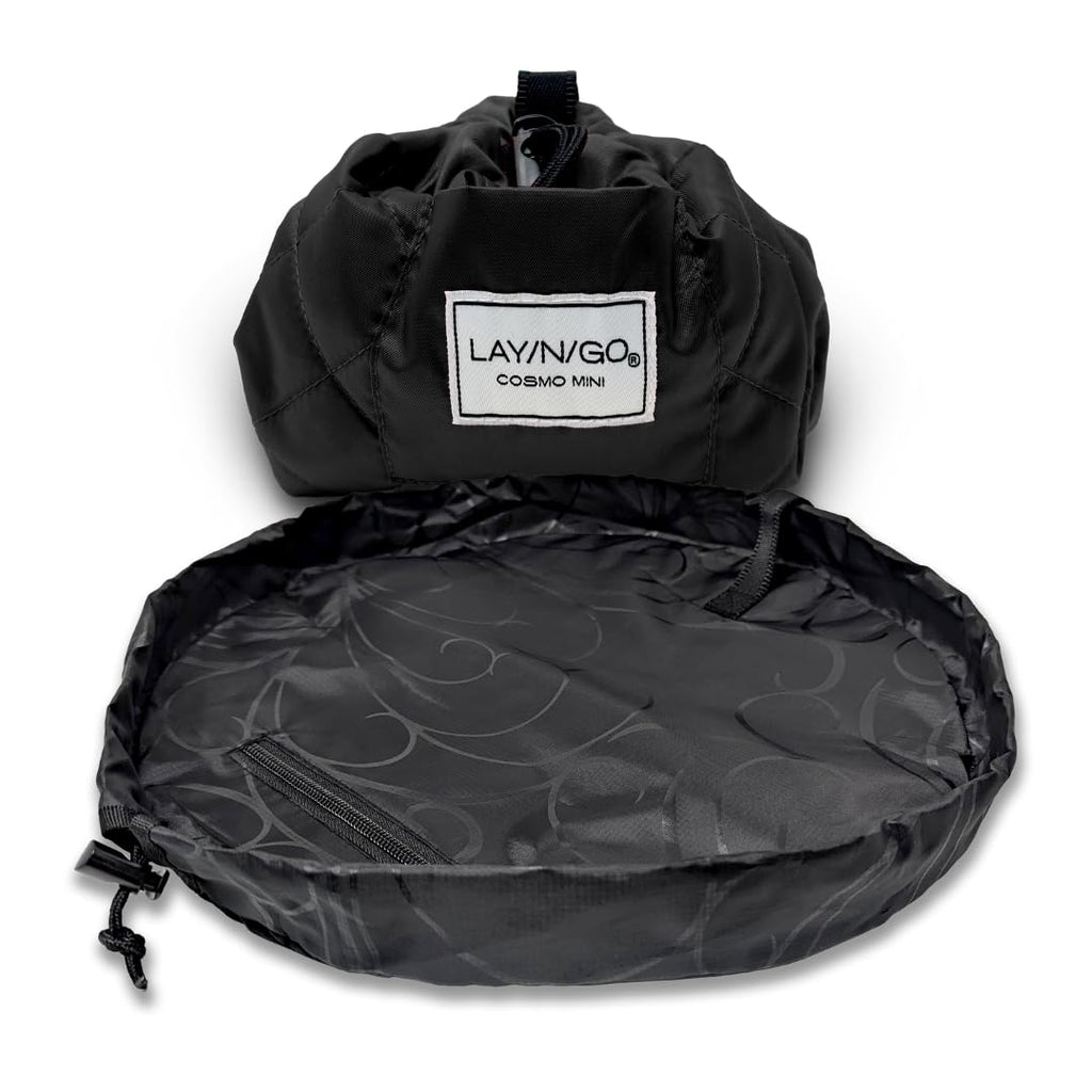 Lay-n-Go Cosmo Layflat Drawstring Cosmetic & Makeup Bag Organizer w/Zipper Pocket, Brush Loops & More, Cinch to Close, Lay Flat to Use, Durable, Machine Wash, Travel Toiletry Bag (16", Black)