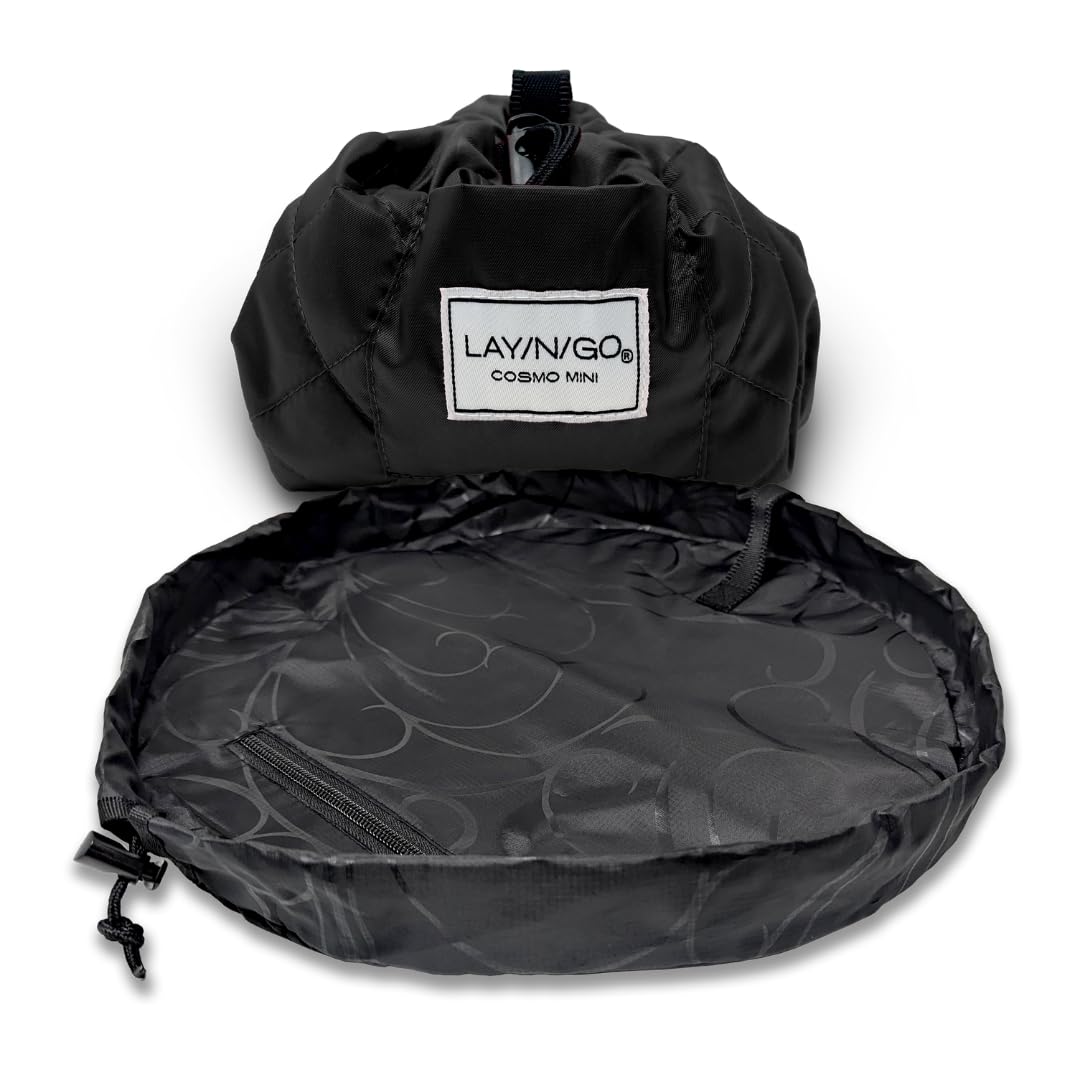 Lay-n-Go Cosmo Layflat Drawstring Cosmetic & Makeup Bag Organizer w/Zipper Pocket, Brush Loops & More, Cinch to Close, Lay Flat to Use, Durable, Machine Wash, Travel Toiletry Bag (16", Black)