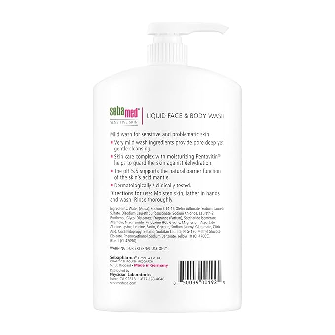 SEBAMED Sensitive Skin Face and Body Wash for Women and Men, pH 5.5, Mild Gentle Hydrating Cleanser, Hypoallergenic Body Wash, Dermatologist Recommended, 33.8 Fluid Ounces (1 Liter)