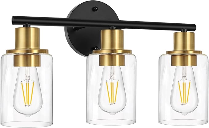 Zarbitta 3-Light Bathroom Light Fixtures, Black and Gold Bathroom Wall Lights, Modern Vanity Light with Clear Glass Shade, Bathroom Wall Lamp for Mirror Kitchen Bedroom Hallway Cabinet
