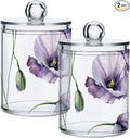 2 Pack Qtip Holder Dispenser for Cotton Ball Watercolor Flowers Purple Poppies Cotton Swab Round Pads Clear Plastic Acrylic Jar Set Bathroom Canister