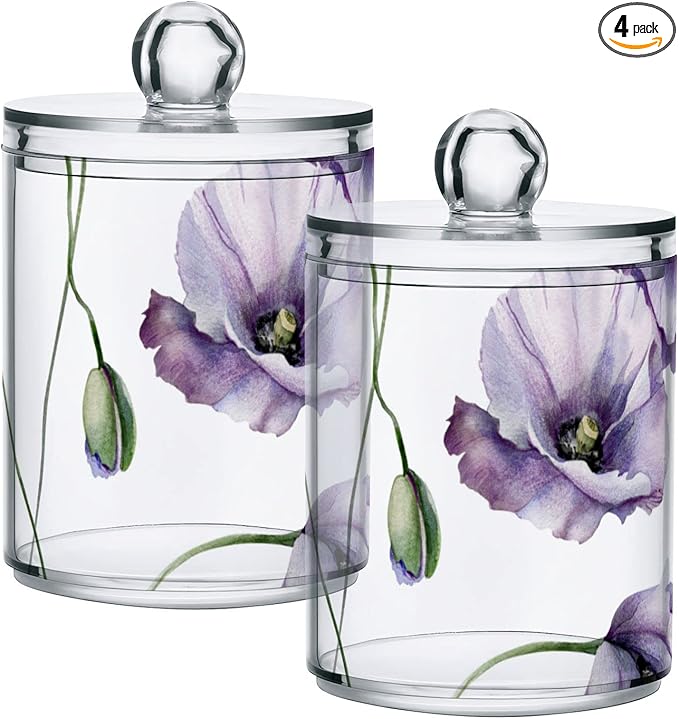 4 Pack Qtip Holder Dispenser Watercolor Flowers Purple Poppies Cotton Ball Cotton Swab Round Pads Floss Clear Bathroom Storage Containers Plastic Apothecary Jars with Lids