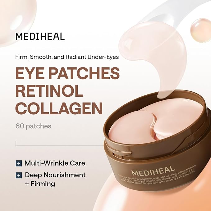 MEDIHEAL Retinol Collagen Under Eye Patches - Korean Hydrogel Eye Pads (60 patches) with 95% Retinol & Collagen - Improves Puffy Eyes & Dark Circles - Non Irritating, Encapsulated Retinol