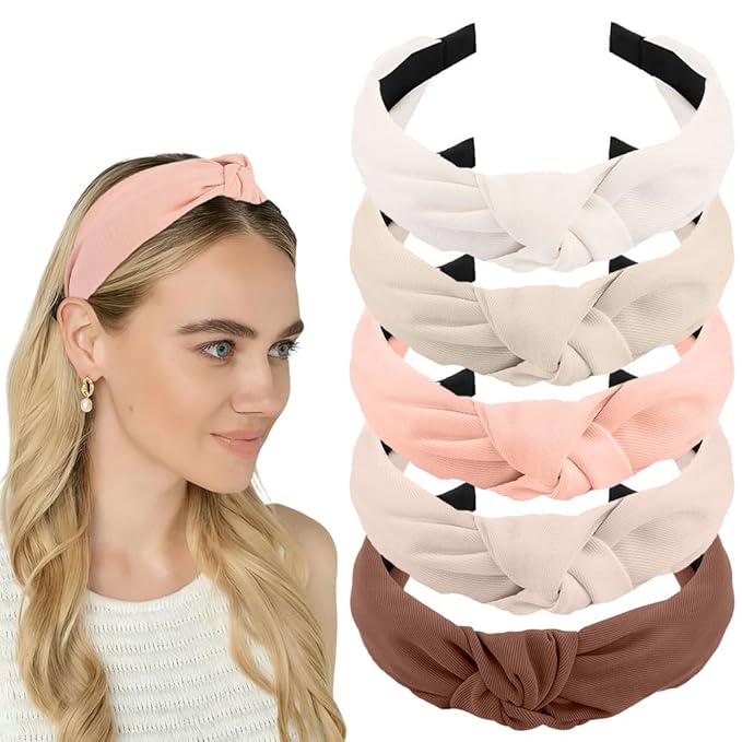 AHONEY 5 Pack Neutral Knotted Headbands for Women Trendy Fashion Thick Headbands Top Knot Non Slip Cute Hair Accessories Multi-style Headband Pack Diademas Para Mujer (Brown)