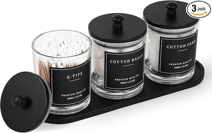 eggs sound 3 Pack Qtip Holder - Bathroom Organizers and Storage, Cotton Round Pad Holder Swab Dispenser Floss Pick Holder with Tray, Glass Apothecary Jars with Lids, Cotton Ball Container - Clear Bk