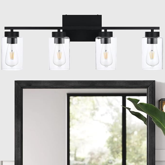 A1A9 4 Light Bathroom Vanity Light Fixtures, Matte Black Modern Wall Lights with Clear Glass Shade, Vintage Wall Sconce Lighting for Living Room, Mirror, Bedroom, Hallway (Black, 4-Lights)