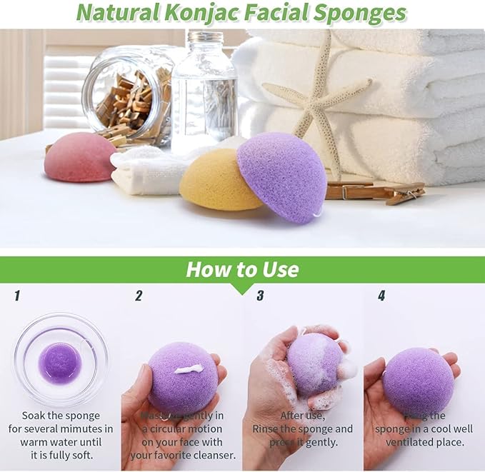 Konjac Face Sponges for Cleansing and Exfoliating, Konjac Facial Sponges for Washing Cleaning Face Body with Activated Charcoal, Natural Konjac Sponge Set for Oily Dry Sensitive Skin Skincare Tool