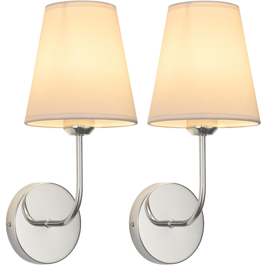 LEECOORA Modern Hardwired Wall Sconces, Set of 2 in Chrome with White Fabric Shades,Farmhouse Light, Living Room, Hallway, Bathroom, Vanity, or Staircase. Sleek, Versatile Lighting