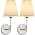 LEECOORA Modern Hardwired Wall Sconces, Set of 2 in Chrome with White Fabric Shades,Farmhouse Light, Living Room, Hallway, Bathroom, Vanity, or Staircase. Sleek, Versatile Lighting
