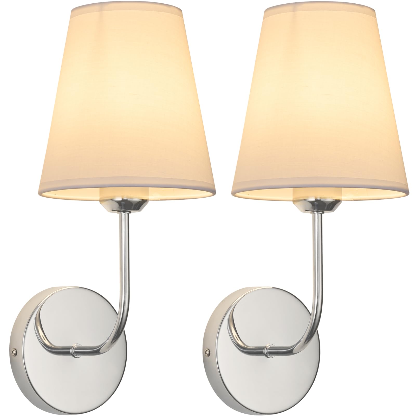 LEECOORA Modern Hardwired Wall Sconces, Set of 2 in Chrome with White Fabric Shades,Farmhouse Light, Living Room, Hallway, Bathroom, Vanity, or Staircase. Sleek, Versatile Lighting