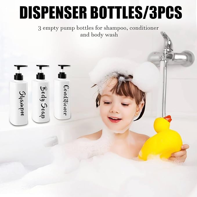 AUMIO 16.9oz Shampoo and Conditioner Dispenser Set of 3-Printed Shower Soap Dispenser Plastic Shampoo Bottles Refillable with Pump - Shampoo Conditioner Body Wash Dispenser for Bathroom Shower Wall