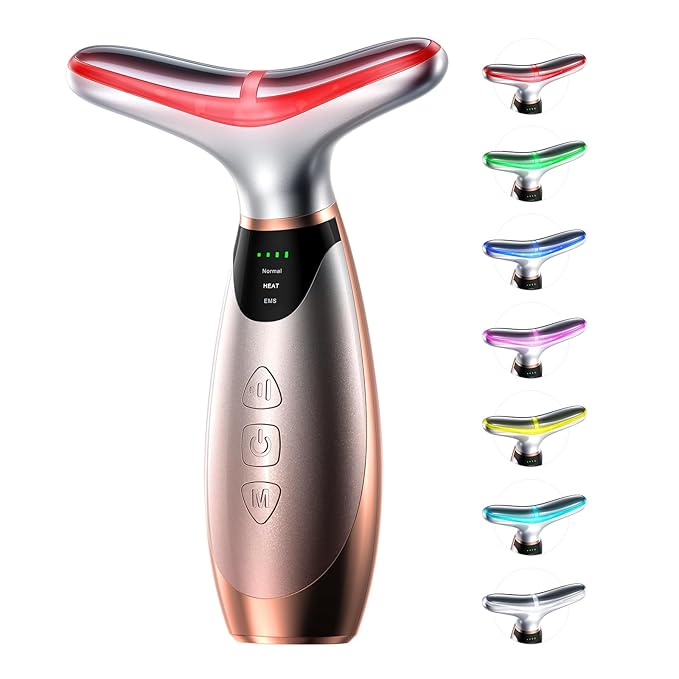 Pedete Facial Massager, 7 Colors Red Light Therapy for Face and Neck, Face Lift Device with 113°F Heating Vibration for Multi Skin Care(Silver)