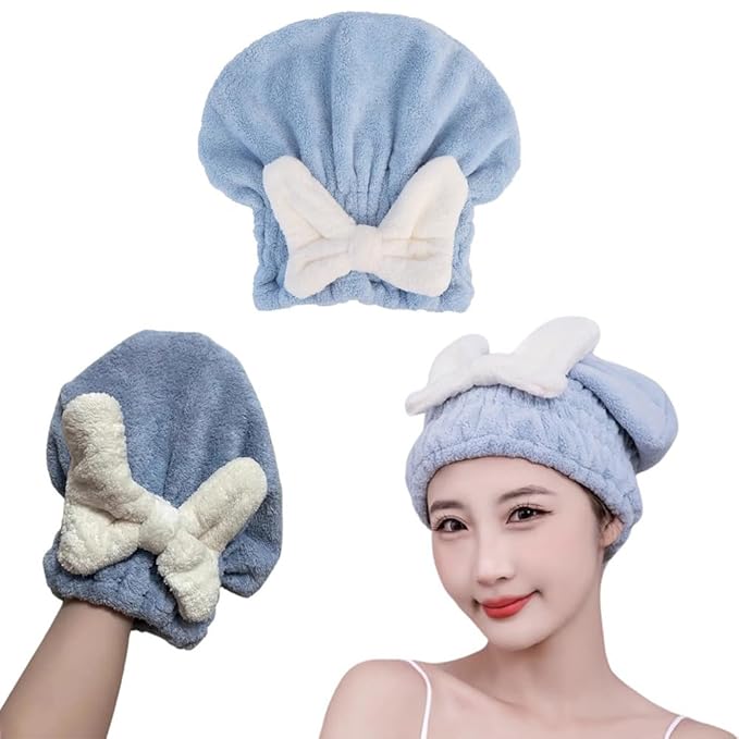 DeaHea 2 Pack Hair Drying Caps Microfiber Hair Towel Wrap Super Absorbent Quick Dry Turban Wet Head Hair Drying Wraps for Bathing Bath Girls Women Swim Beauty Post Shower Instead of Blow Dryers