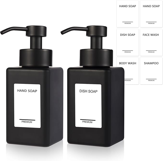 PLOUTA HOME Black Foaming Hand Soap Dispenser 2 Pack,12oz/350ml Glass Foaming Soap Dispenser Set with Stainless Steel Pump, Square Refillable Foam Pump Bottles for Bathroom&Kitchen,Includes 6 Labels