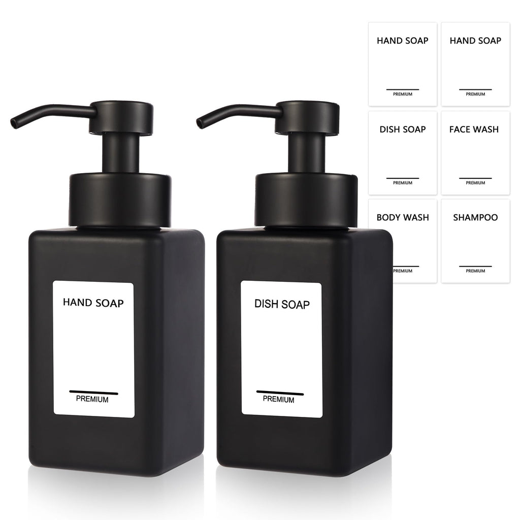 PLOUTA HOME Black Foaming Hand Soap Dispenser 2 Pack,12oz/350ml Glass Foaming Soap Dispenser Set with Stainless Steel Pump, Square Refillable Foam Pump Bottles for Bathroom&Kitchen,Includes 6 Labels