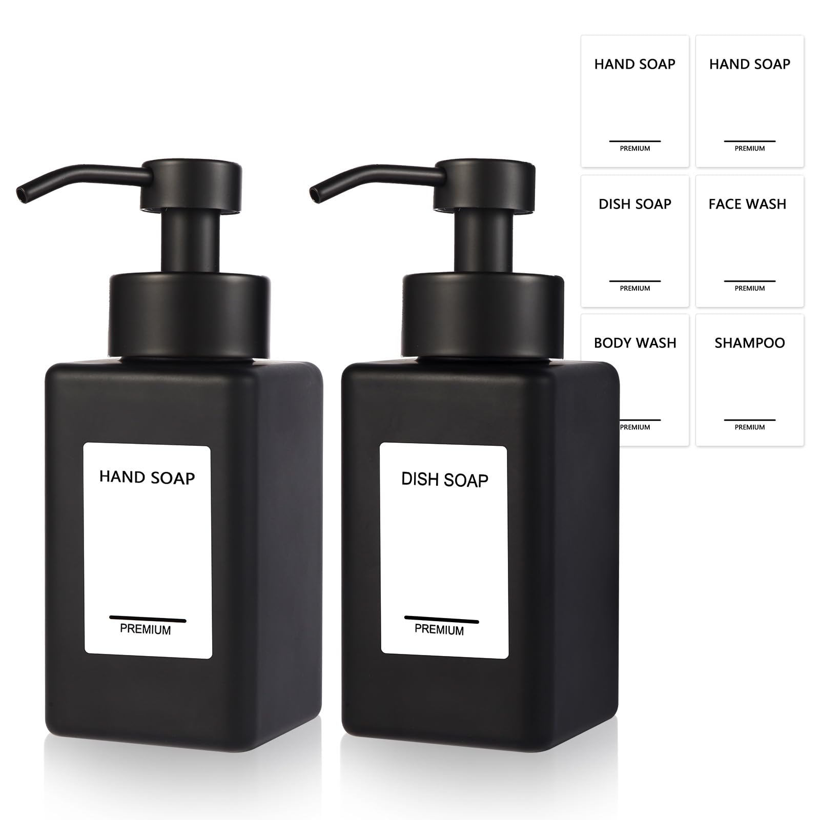 PLOUTA HOME Black Foaming Hand Soap Dispenser 2 Pack,12oz/350ml Glass Foaming Soap Dispenser Set with Stainless Steel Pump, Square Refillable Foam Pump Bottles for Bathroom&Kitchen,Includes 6 Labels