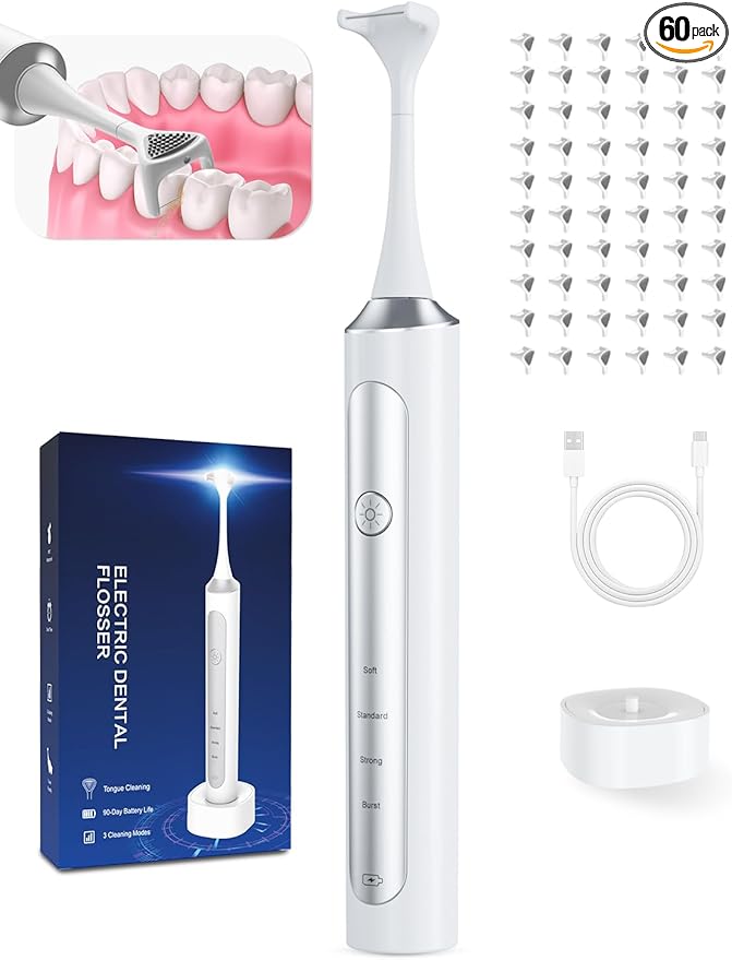 Rechargeable Electric Flosser–4-Speed Dental Flosser with 60 Heads & Tongue Cleaner – contactless Charging Base for Adults & Kids – Dentist-Approved Gum Care & Water Flosser Alternative
