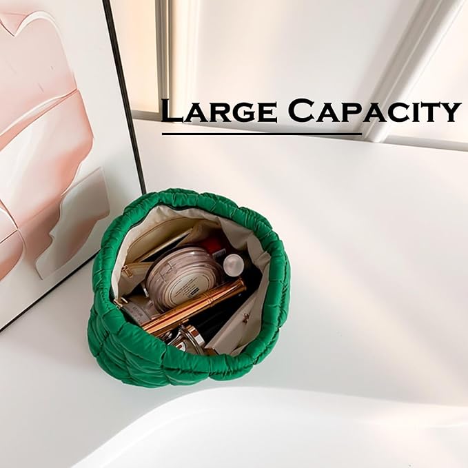 HFLZBRO Puffy Quilted Makeup Bag for Women, Cosmetic Bag, Travel Toiletry Organizer Pouch Clutch (green)