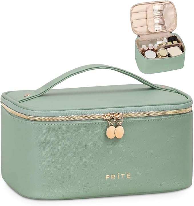 Prite Makeup Bag, Large Capacity Cosmetic Bag for Women and Girls, Waterproof PU Leather Travel Makeup Case, Toiletry Organizer with Handle and Divider for Skincare and Brushes - Green