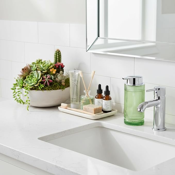 Tonxus 14 Oz Foaming Soap Dispenser, Green Glass Soap Dispenser, Refillable Foam Pump Bottle Lotion Container with Silver Pump, Decorative Slim Ribbed Bottle for Bathroom and Kitchen Decor