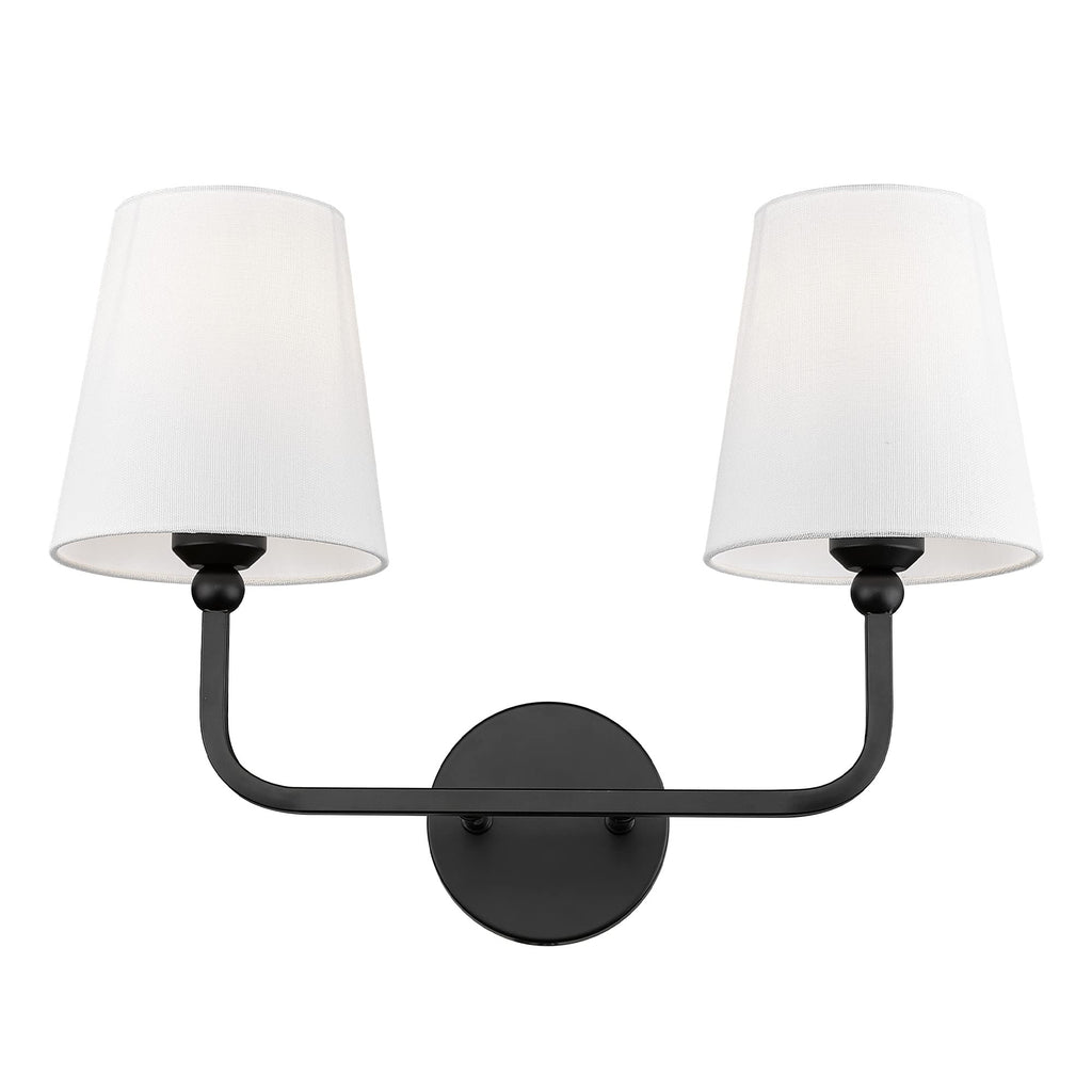 METWET 2-Light Matte Black Bathroom Vanity Light, White Fabric Shades