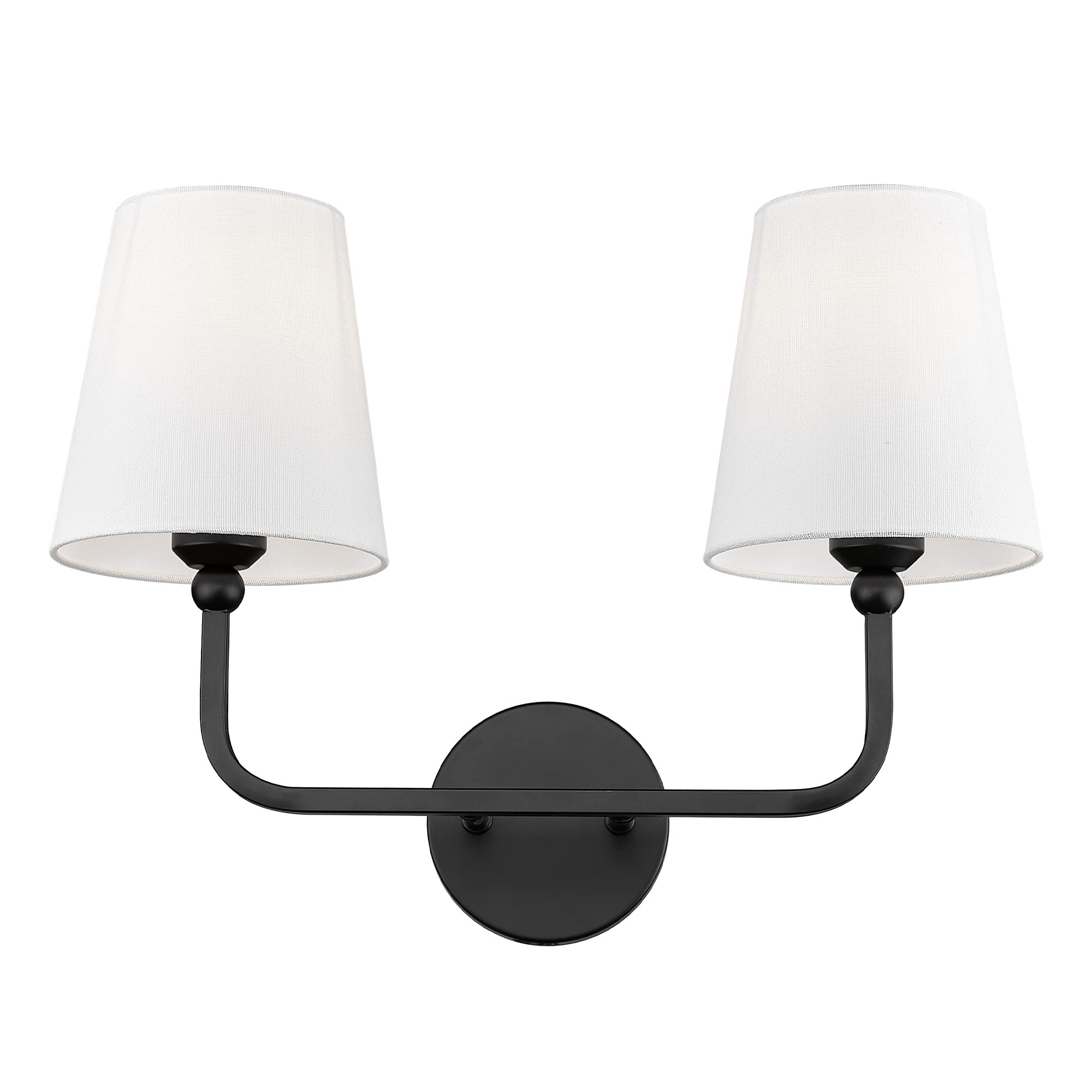 METWET 2-Light Matte Black Bathroom Vanity Light, White Fabric Shades