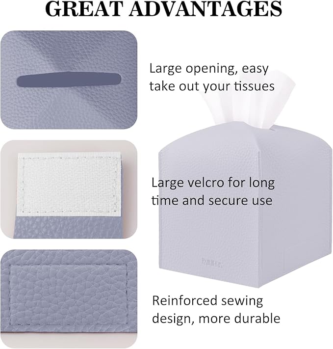 Tissue Box Cover Holder Square Tissue Cube Cover PU Leather Tissue Organizer with Bottom Belt for Bathroom, Tabletop, Car, Night Stands, Office, Home, Kitchen (1, Violet)