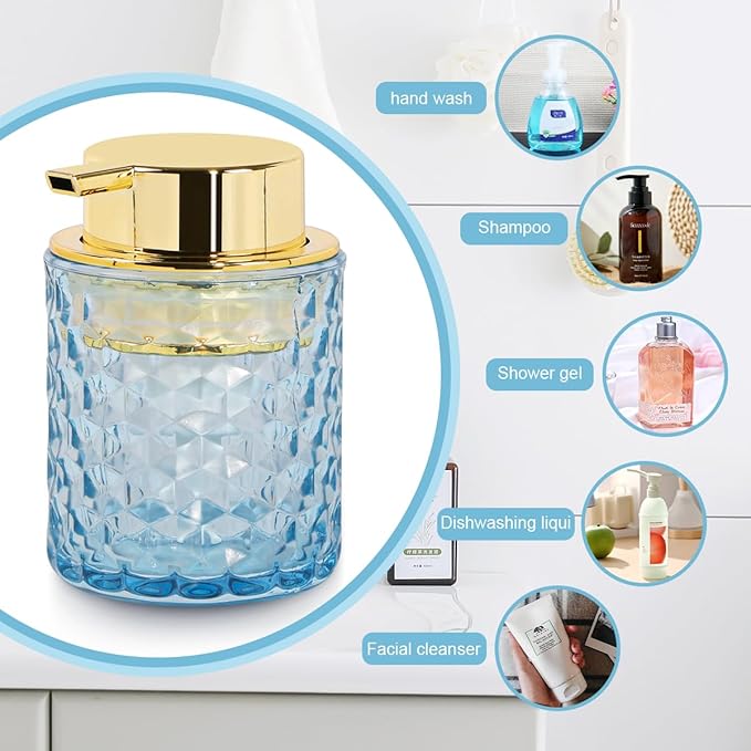 Fvstar 10 Oz Glass Hand Soap Dispenser with Pump, Refillable Bathroom Gold Foaming Soap Dispenser, Vintage Glass Diamond Lotion Container Bottle for Bathroom and Kitchen (1, Blue and Gold)