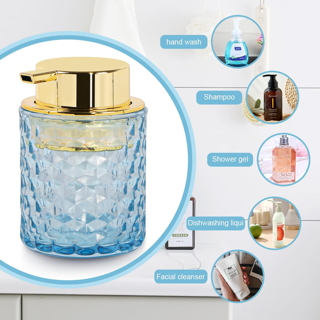 Fvstar 10 Oz Glass Hand Soap Dispenser with Pump, Refillable Bathroom Gold Foaming Soap Dispenser, Vintage Glass Diamond Lotion Container Bottle for Bathroom and Kitchen (2, Blue and Gold)