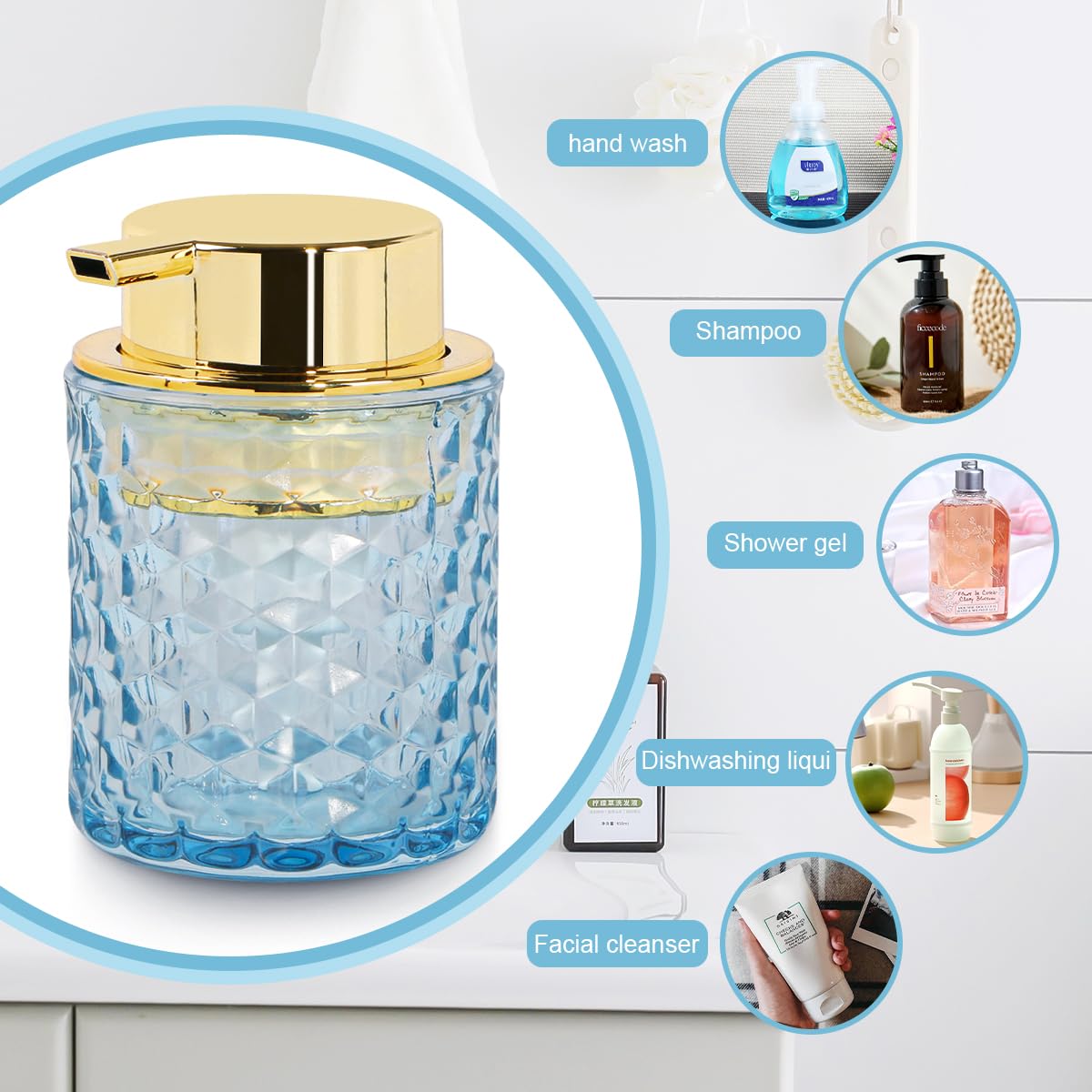 Fvstar 10 Oz Glass Hand Soap Dispenser with Pump, Refillable Bathroom Gold Foaming Soap Dispenser, Vintage Glass Diamond Lotion Container Bottle for Bathroom and Kitchen (2, Blue and Gold)