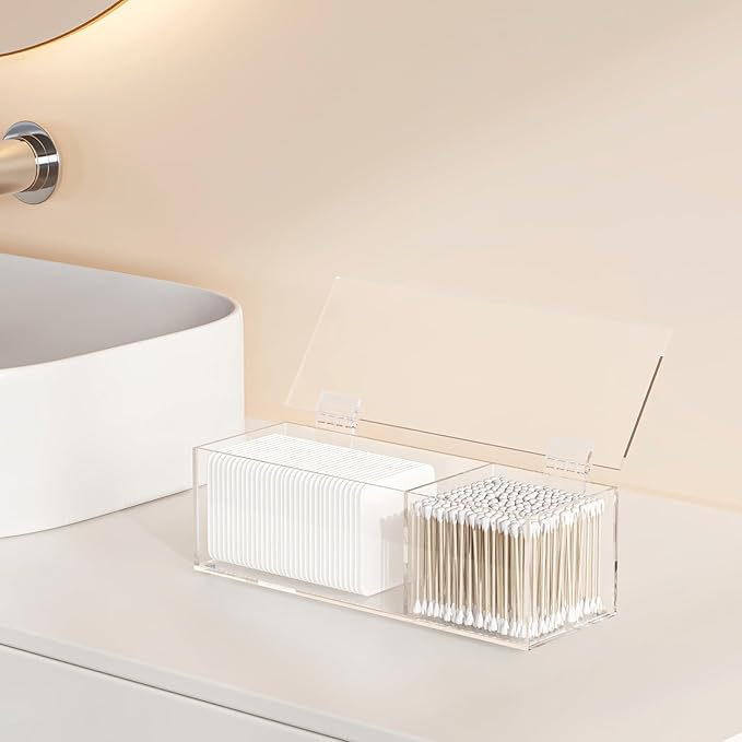 JHJFRAWY Clear Acrylic Qtip Holder for Clean Skin Club Clean² Pads Clean with Flip-Top Lid 2-Grid Canister Cotton Pad and Swab Dispenser Cotton Round Organizer for Bathroom Vanity Countertop